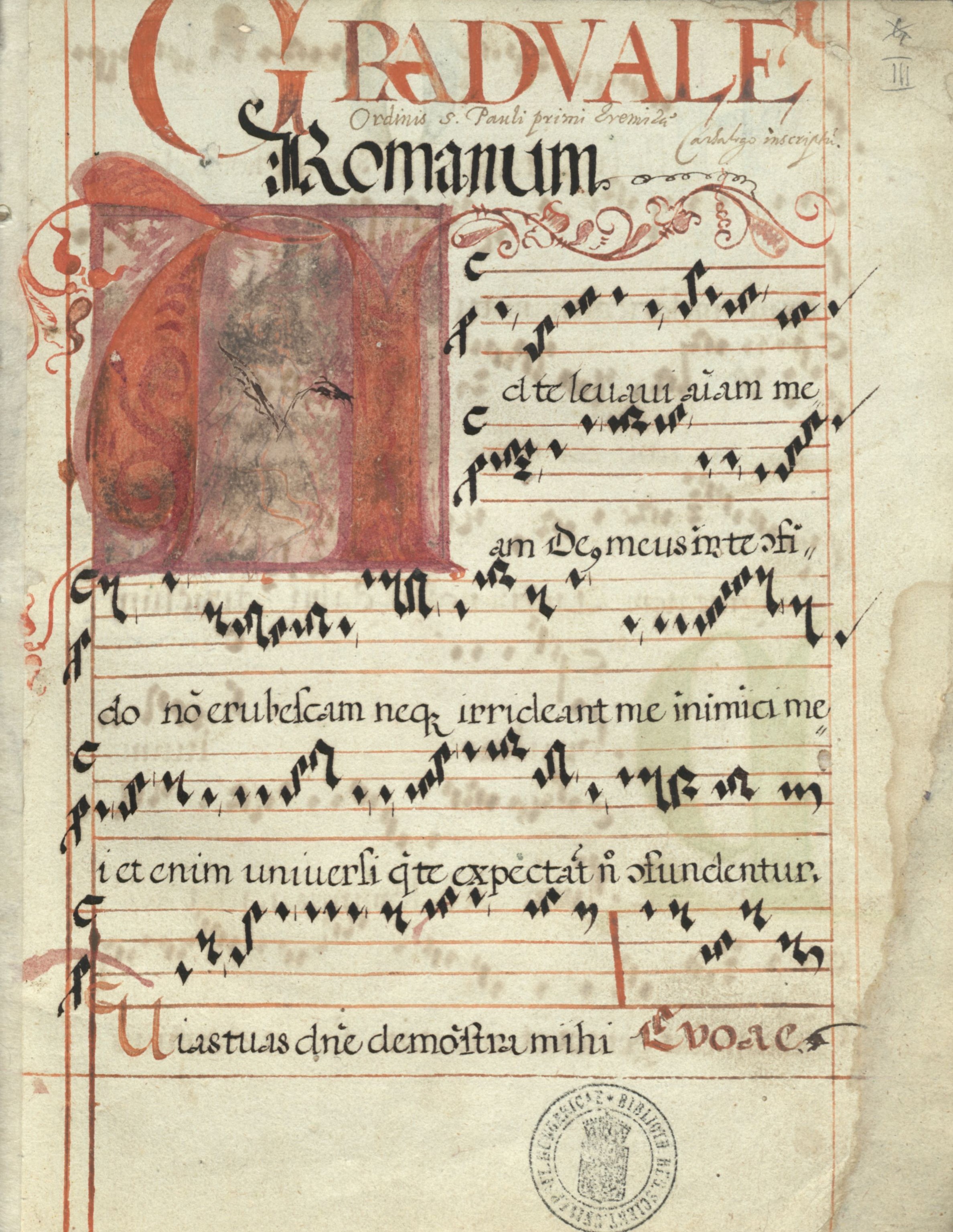Az A 115 jelzetű kézirat címlapja (Graduale Romanum Ordinis Pauli Primi Eremitae monasterii S. Egidii de Uyhel, liturgikus énekeskönyv, újhelyi [Sátoraljaújhely] pálos monostor, 1623.).